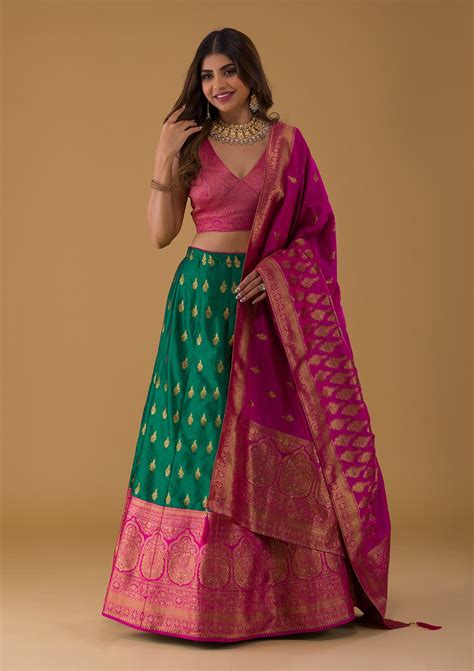 Buy Bottle Green Zariwork Banarasi Semi Stitched Lehenga - Koskii