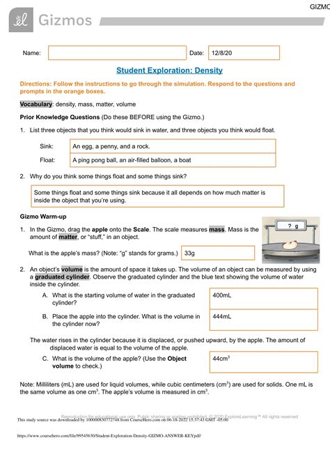 Student Exploration_ Density GIZMO ANSWER KEY - MATH 30-2 - Stuvia US