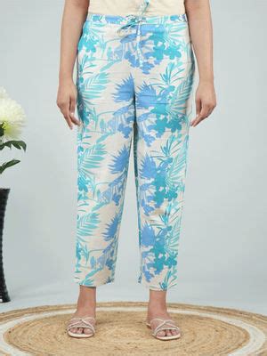 Buy ARAMYA Women Off White Linen Cotton Floral Pant (M) Online