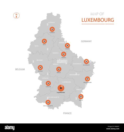 Stylized vector Luxembourg map showing big cities, capital Luxembourg, administrative divisions ...