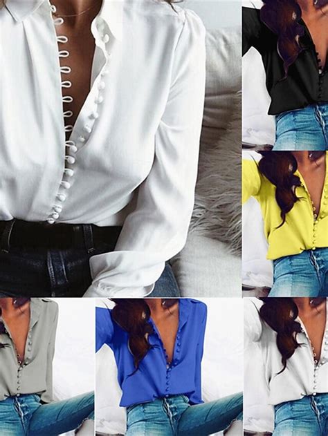 Mujer Camisa Botones Plano Diario Elegante Básico Manga Larga Cuello ...