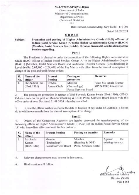 Posting of Member, Postal Services Board/Addl. Director General ...