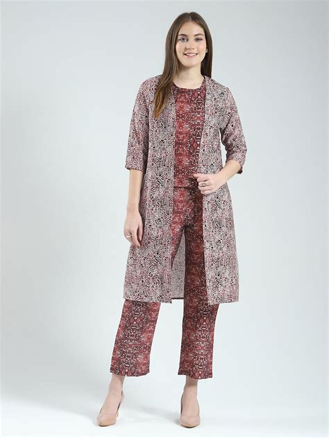 Buy Women Maroon Printed Round Neck Sleeveless 3 Pcs Cords Set Online ...