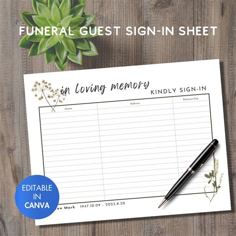 Funeral Guest Sign-in Sheet Template: Editable Canva Insert (digital ...