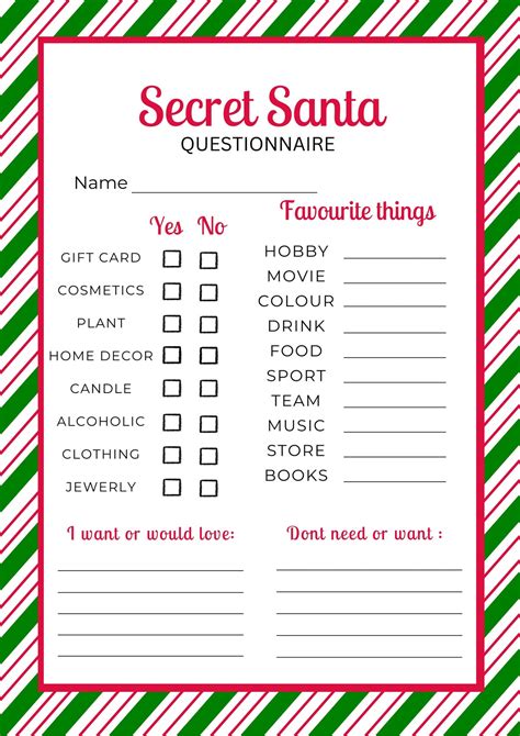 Secret Santa Questionnaire for Colleagues . Editable Digital Download , Christmas Printable ...