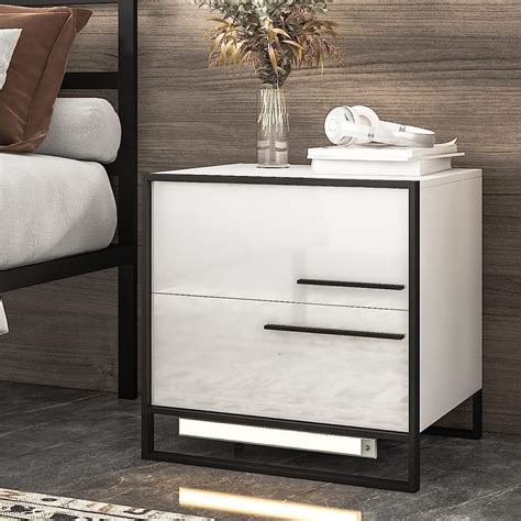 HOMMPA Auto LED Nightstand with 2 High Gloss Drawers White Nightstand ...