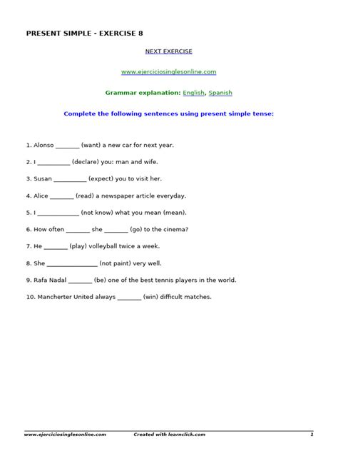 Image result for Ejercicios Con Presente Simple