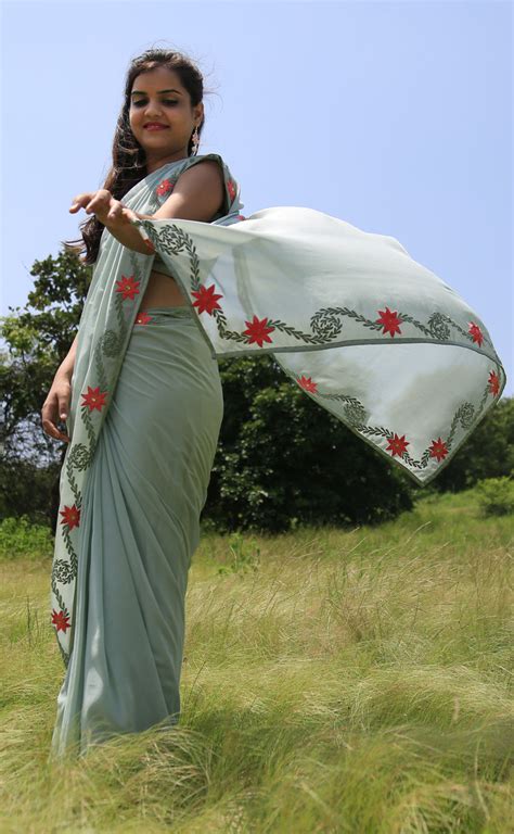 Sage Green Pure Silk-Chiffon Saree with Embroidered Lilies – EAST & GRACE