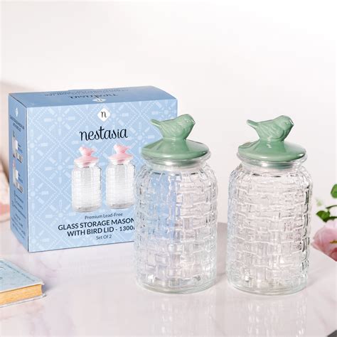 Set Of 2 Glass Jars With Green Bird Lid 1300ml Online - Premium Jar ...