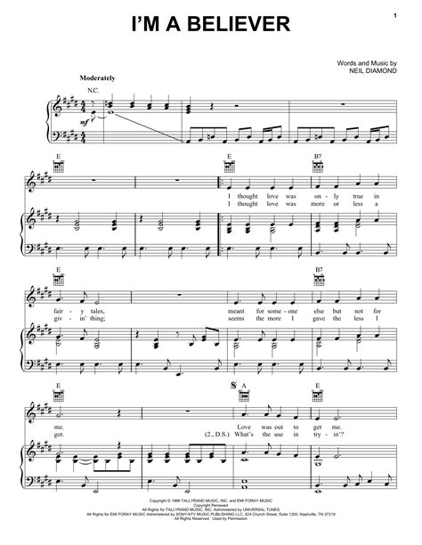 I'm A Believer von The Monkees Noten zum Klavier, Gesang & Gitarren-Akkorde (Melodie rechte Hand ...
