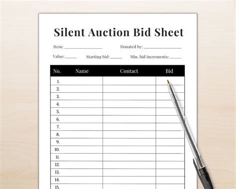 Silent Auction Bid Sheet Silent Auction Template Silent - Etsy