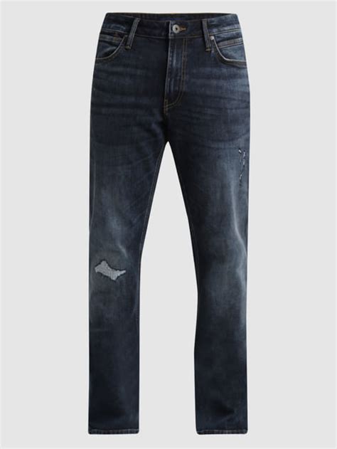 Dark Blue Mid Rise Distressed Regular Fit Jeans
