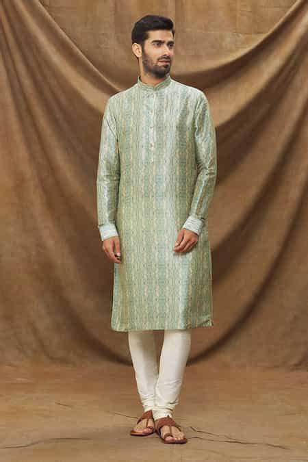 Buy Green Silk, Chanderi Leaf Print Kurta And Churidar Set For Men by ...