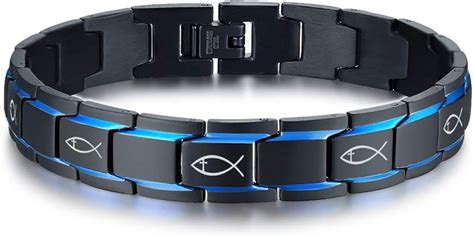 Buy MEALGUET Black and Blue 2-Tone Stainless Steel Jesus Fish and Cross ...