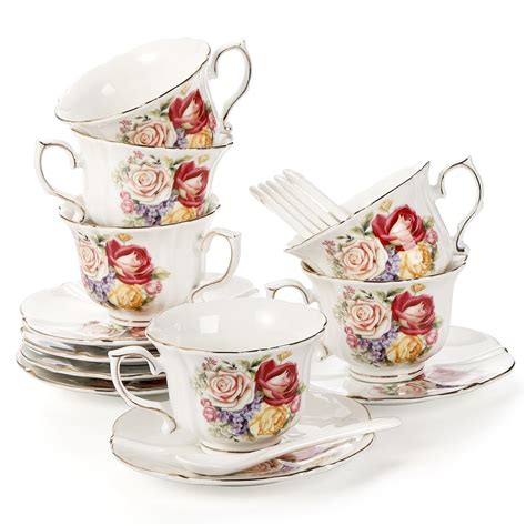 Pumtus Tea Cups and Saucers Set of 6, 8 OZ Floral Ceramic Coffee Cup ...