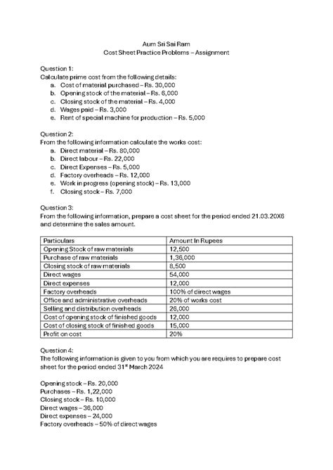 Cost Sheet Practice Problems - Assignment (Course Code: ACC101) - Studocu