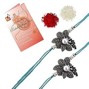 LUCKY JEWELLERY Designer Combo German Silver Quirky Flower Shape Rakhi ...