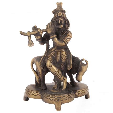 Brass Idols of Krishna Playing Flute & Cow
