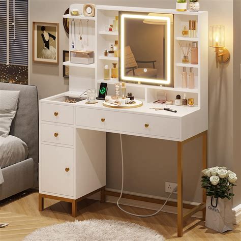 Amazon.com: VIAGDO White Vanity with Openable Mirror and Charging ...