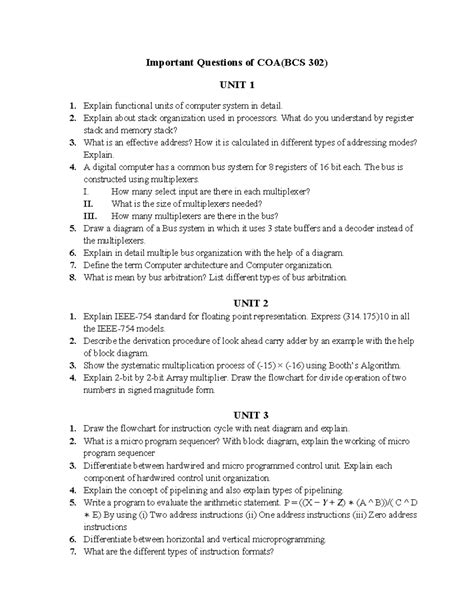 COA Important questions - Important Questions of COA(BCS 302) UNIT 1 1 ...