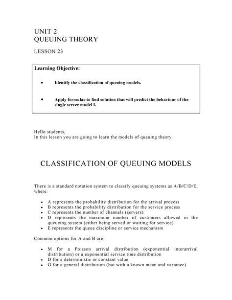 Lesson 23Classification Of Queuing Models - UNIT 2 QUEUING THEORY LESSON 23 Learning Objective ...