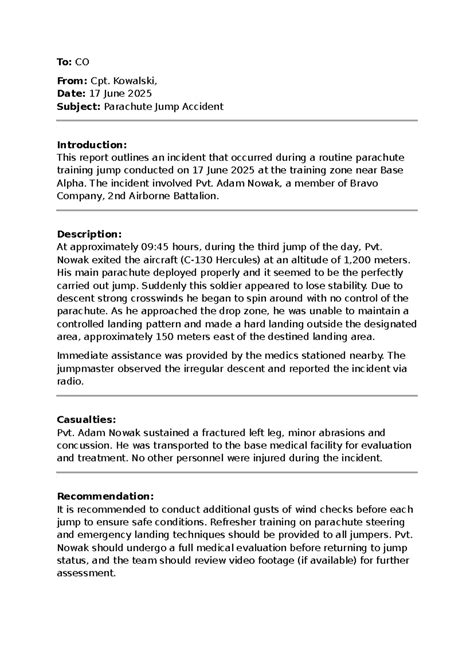 Incident Report: Parachute Jump Accident - Pvt. Nowak, 2nd Airborne ...