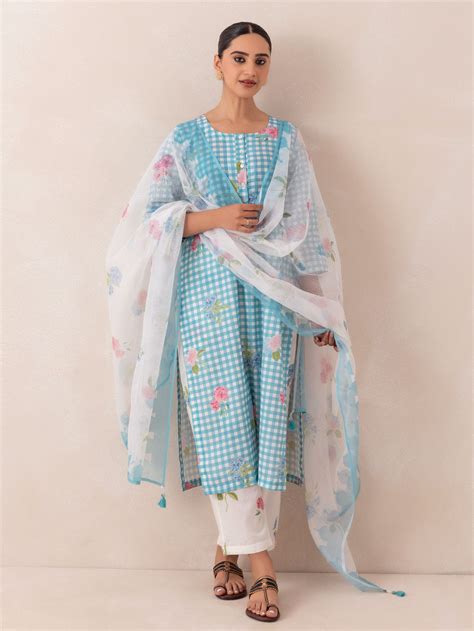 Turquoise Blue White Printed Cotton Suit - Set of 3