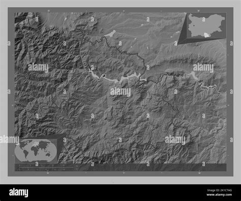 Kardzhali, province of Bulgaria. Grayscale elevation map with lakes and rivers. Corner auxiliary ...