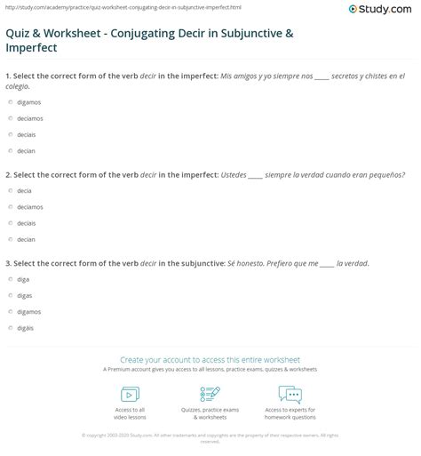 Quiz & Worksheet - Conjugating Decir in Subjunctive & Imperfect | Study.com