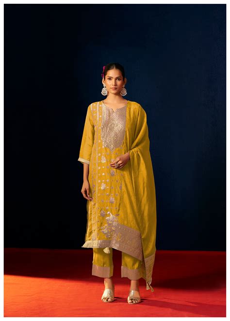 Oriah Mustard Organza Jacquard Kurta Set