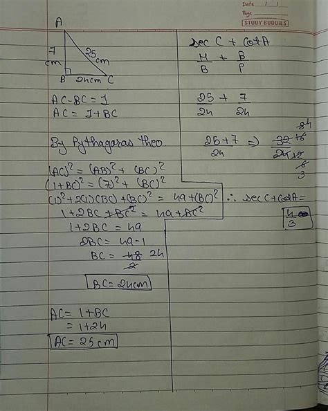ΔABC right angled at B. AB=7, (AC-BC) = 1 cm (SecC+cotA) - Brainly.in