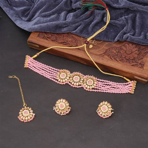 Sukkhi Lavish Reverse AD & Pearl Choker Gold Plated Pink Necklace Set ...
