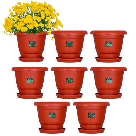 DHR Plastic Round Flower Pots | Planters with Bottom Plates - 8 Pcs (8 ...