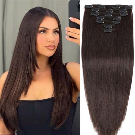 Amazon.com : Dark Brown Clip in Hair Extensions Real Human Hair 18Inch ...