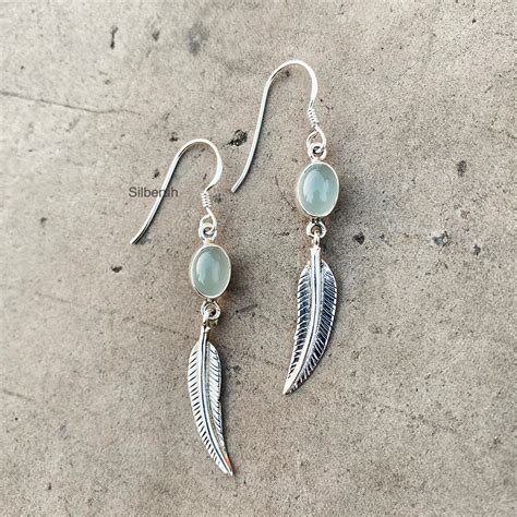 Aqua Chalcedony Feather Silver Earring – SILBERUH