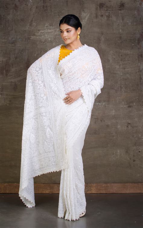 Cut Work Border Lucknow Chikankari Work Designer Zardosi Saree in Whit ...