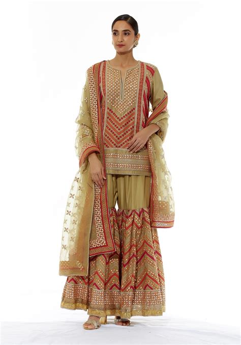 Olive Kurti Set with Gota Patti and Cross Stitch Embroidery – KavitaBhartia