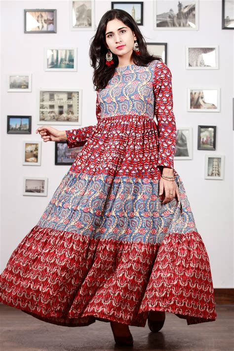 Indigo Red Beige Pink Hand Block Printed Long Cotton Tier Dress - D95F ...