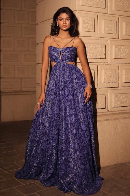 Buy Blue Lurex Georgette Print Floral Vine Sweetheart Cutout Gown For ...