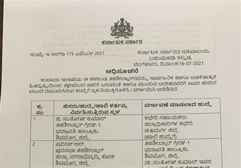 Karnataka Administrative service's officers transfer order date 16-07 ...