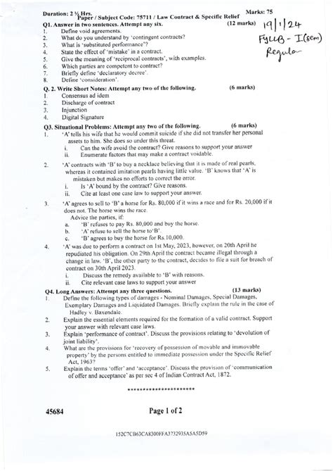 Law Contract & Specific Relief Fyllb I Reguler - Duration: 2 Hrs. Marks ...