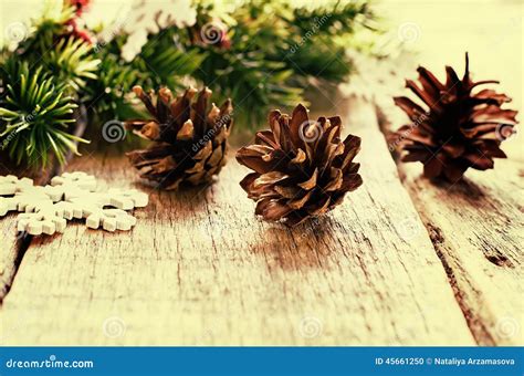 Christmas Decorations with Fir Tree Branch, Cones Stock Photo - Image ...