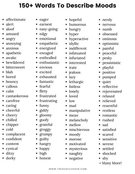 Words To Describe Moods – (List of Mood Words) - The Goal Chaser