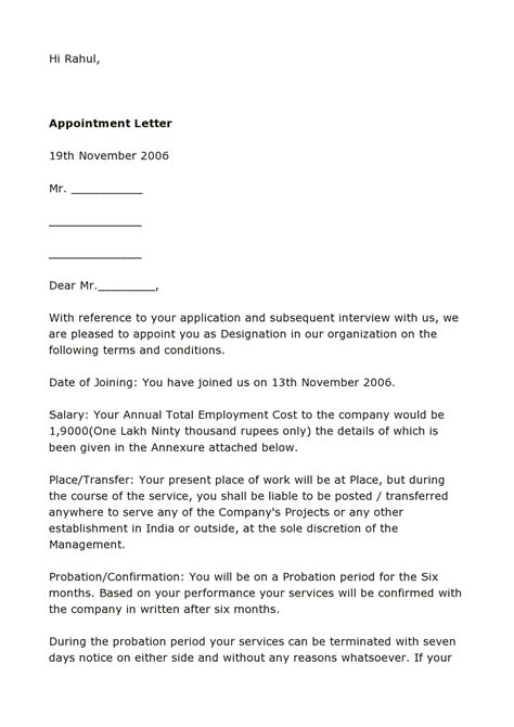 Appointment Letter For Employee Format - Free Printable Template