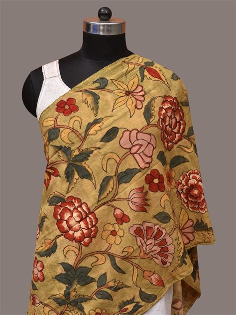 Light Green Kalamkari Hand Painted Cotton Stole with Floral Design ds3 ...