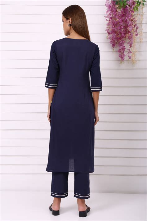 Buy Navy Blue Embroidered Pure Cotton Straight Kurta and Palazzo Co-ord ...