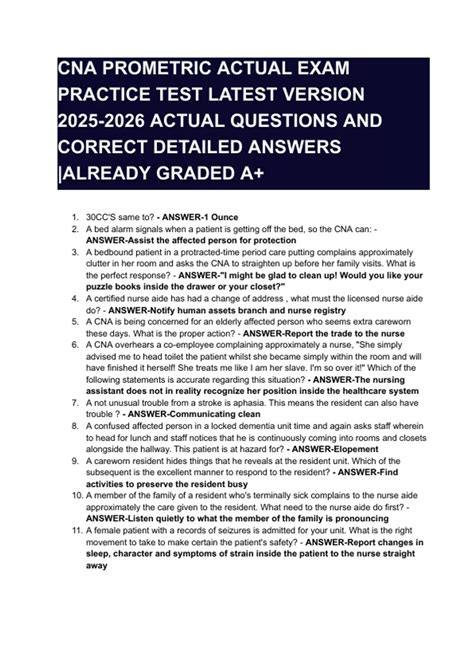 CNA PROMETRIC ACTUAL EXAM PRACTICE TEST LATEST VERSION ACTUAL QUESTIONS ...