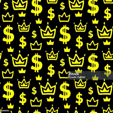 Small Yellow Dollar Signs And Crowns Isolated On A Black Background ...