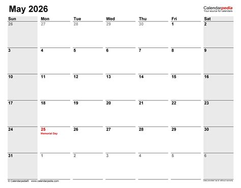 May 2026 Calendar | Templates for PDF, Excel and Word