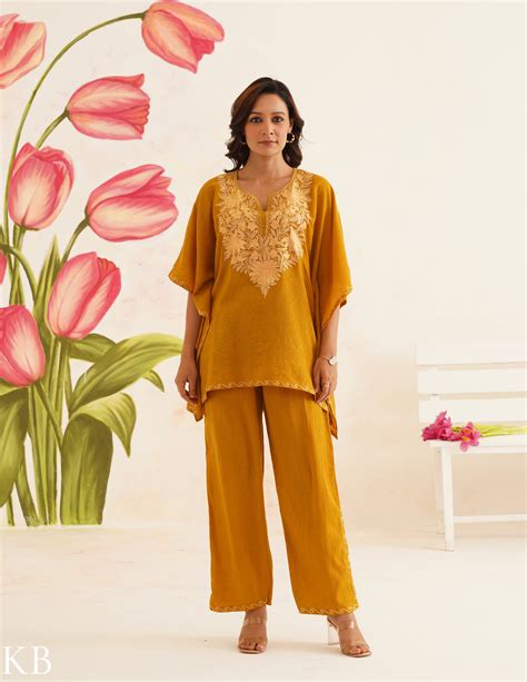 Mustard Brown Aari Embroidered Cotton Kaftan Set | Comfortable Loose-F ...